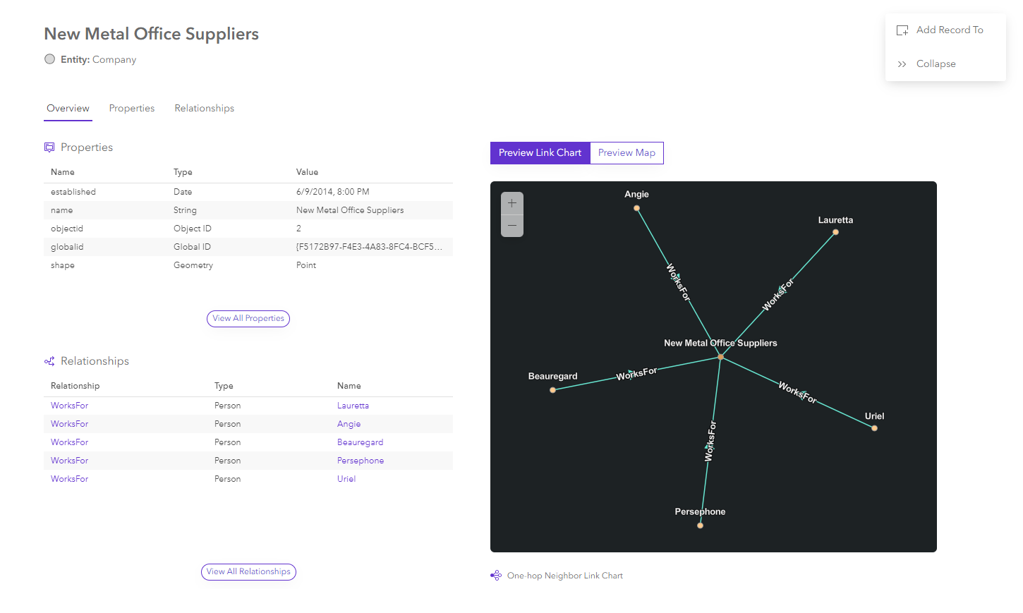Overview of an entity data card Overview of an entity data card