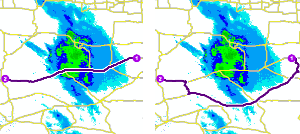 Two maps demonstrate how a scaled cost polygon barrier affects finding a route between two stops. Two maps demonstrate how a scaled cost polygon barrier affects finding a route between two stops.